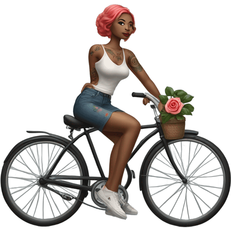 Hyper Realistic beautiful woman model with a small rose tattoo riding a bike emoji