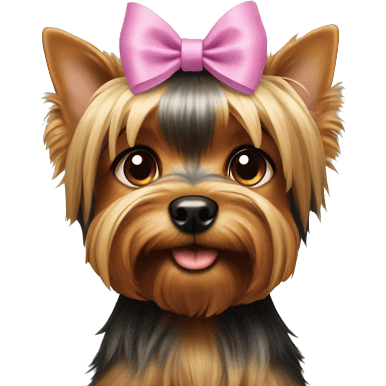 Giant Dog Yorkshire Terrier with bow on the head on the hands of a girl  emoji