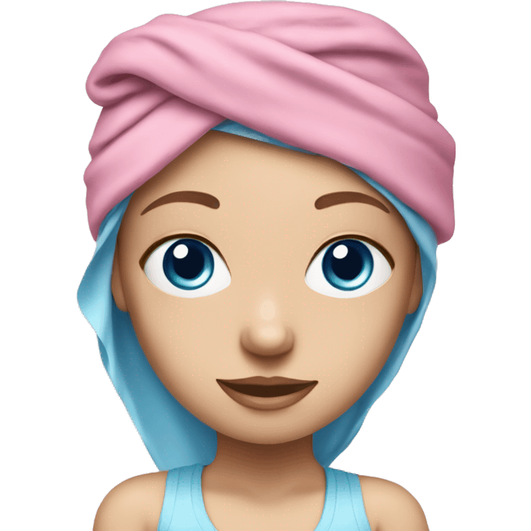 White girl with blue eyes with pink towel on head emoji