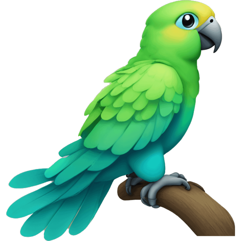 Quaker all green parrot with white chest, blue wings and teal tail feathers with a playful attitude  emoji