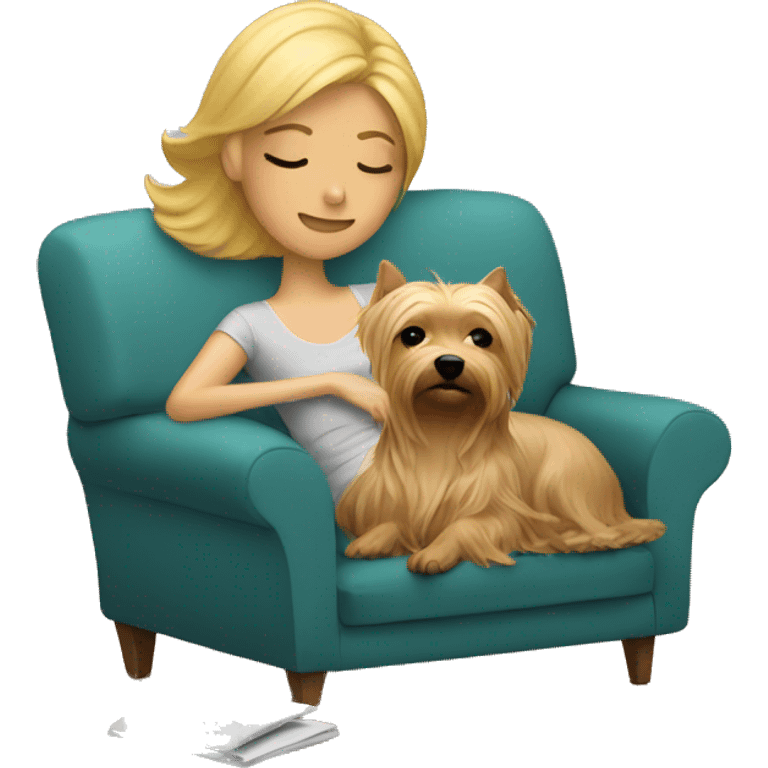 Blonde woman sleeping with her Yorkie on the sofa emoji