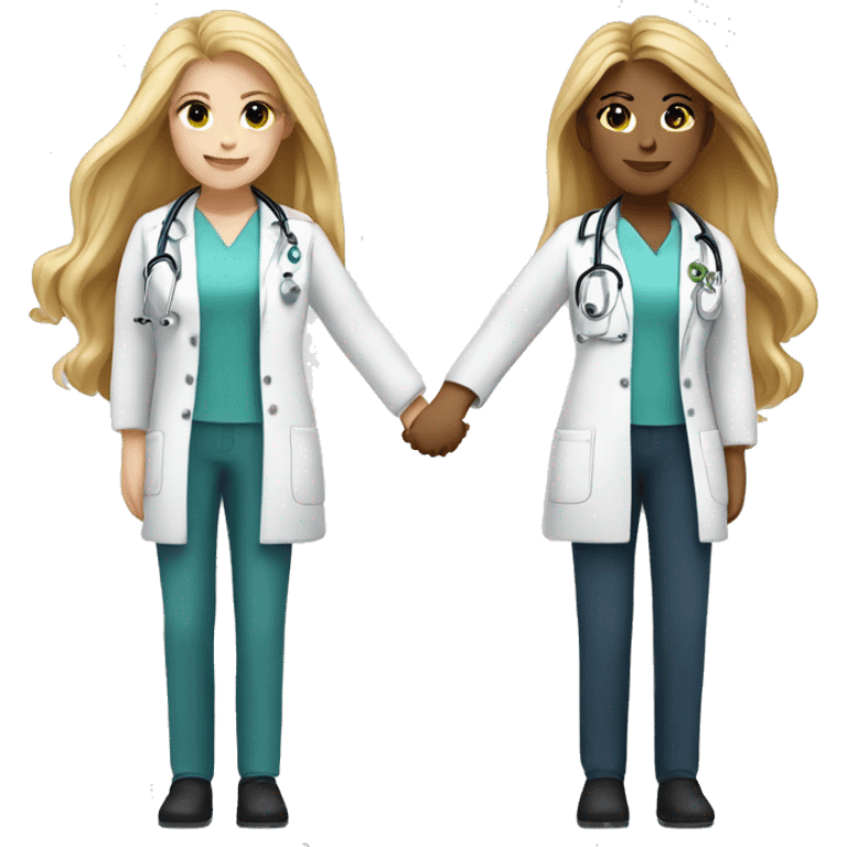 Two light skinned female doctors with long blonde hair and light eyes holding hands emoji