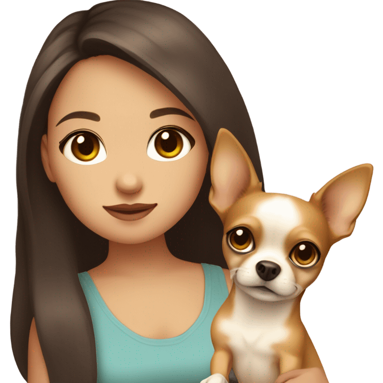 A girl with long brown hair, big brown eyes, big lips wearing a singlet top, she is holding a light yellow coloured chihuahua emoji