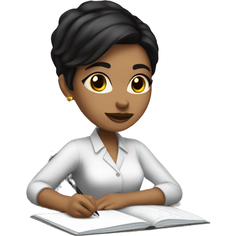 white skin woman with short black hair writing  a notebook on a desk emoji