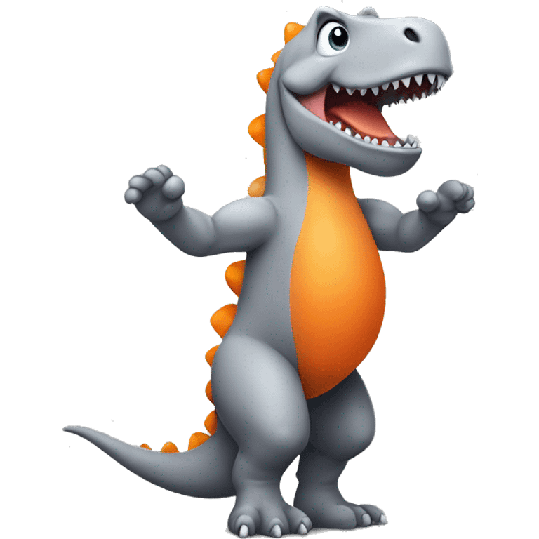 A grey Dino standing on his two feet with his arms in the air and he has a orange belly emoji