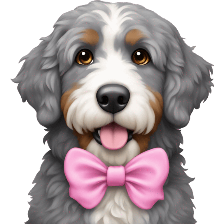 Grey bernedoodle with a pink bow emoji