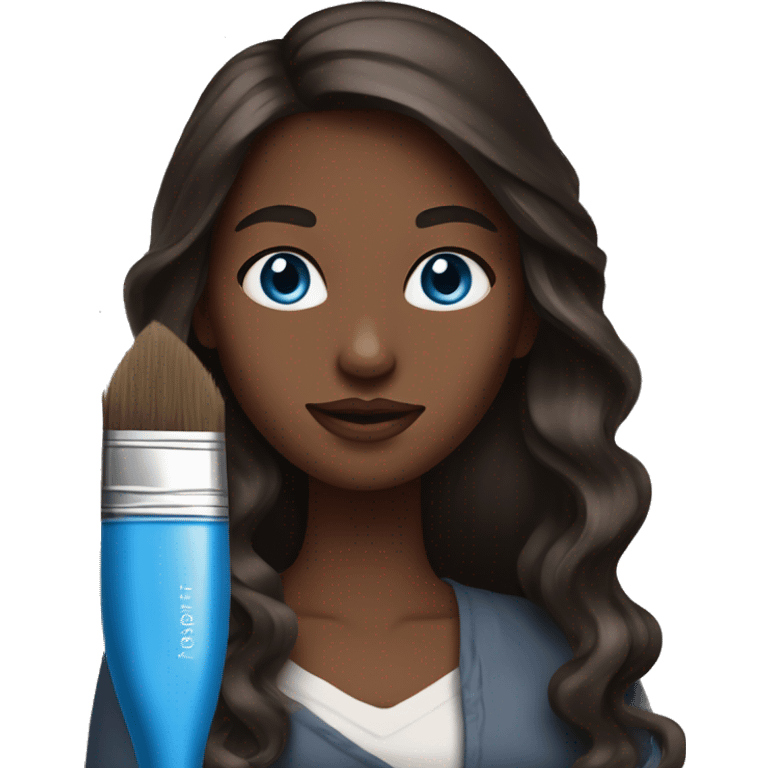 woman with blue eyes and long dark brown wavy straight hair holding a paint brush emoji