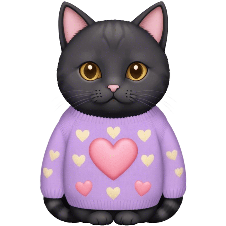 
black british cat in cute pastel sweater with hearts emoji