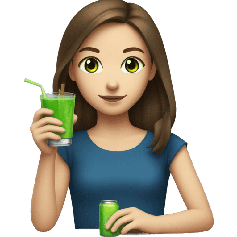 Girl with brown hair and blue eyes drinks a green match  emoji