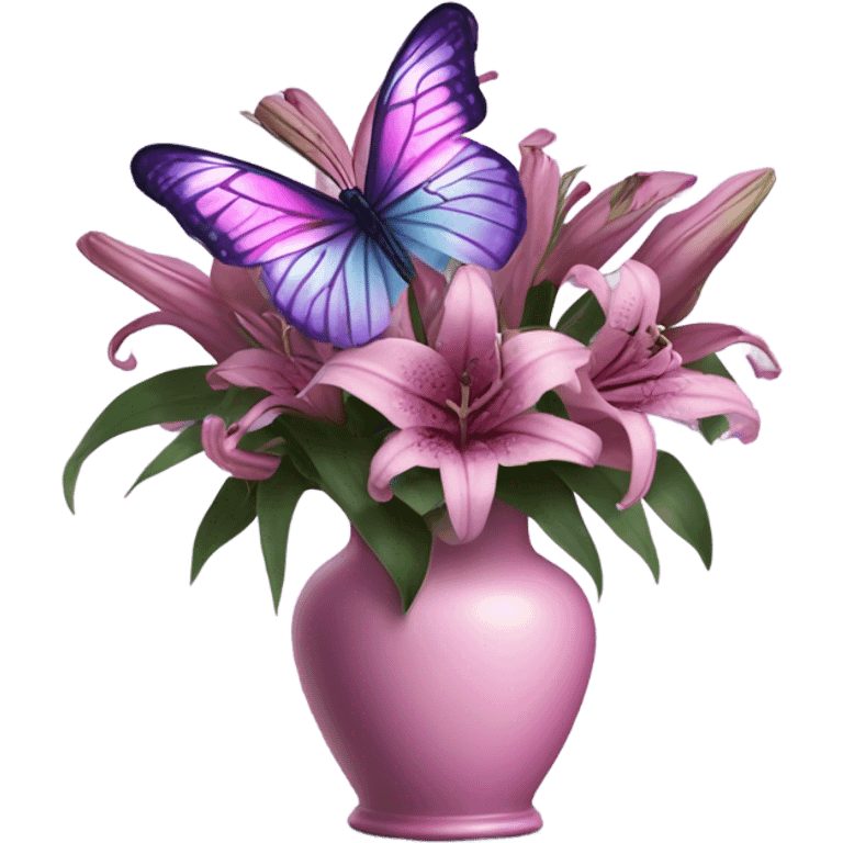 Aesthetic butterfly with purple and pink wings sitting on a dark purple bouquet of Lilies in a pastel pink vase emoji