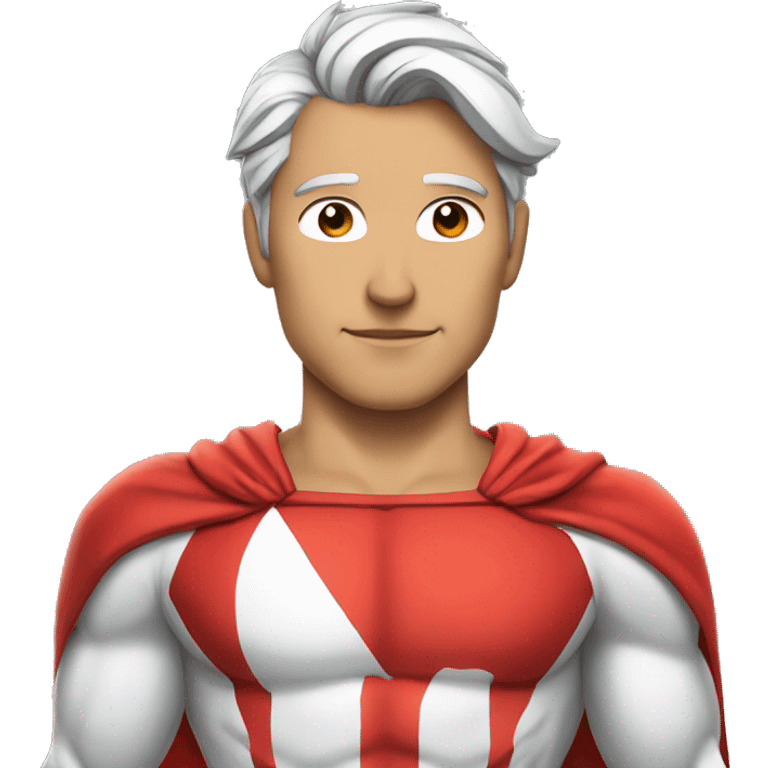 a male canadian superhero wearing red and white clothes that has a mapple leaf on chest and dark grey hair in a ponytail emoji