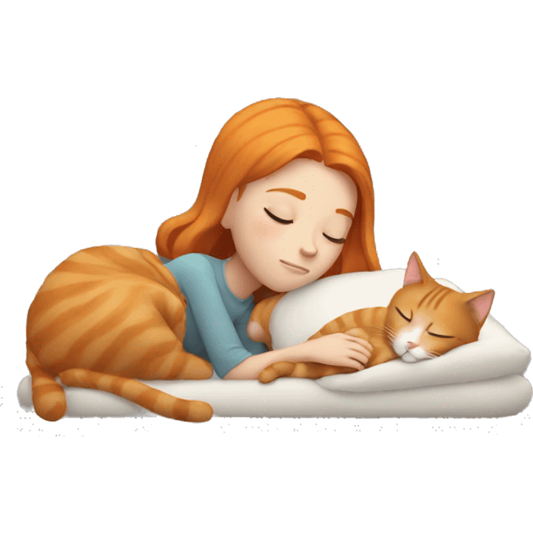 Sleeping ginger girl next to gray cat  emoji