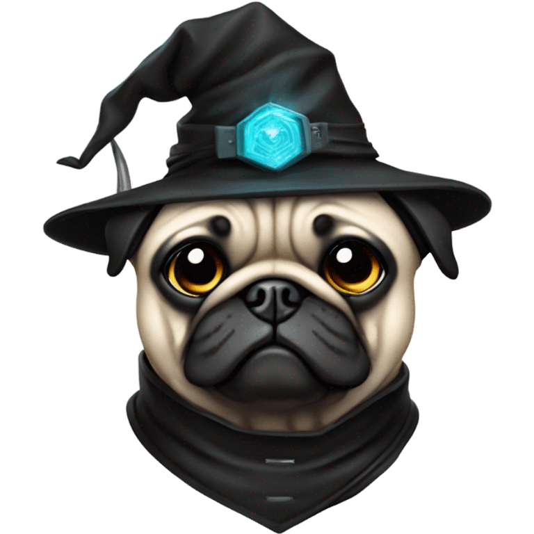 cyberpunk pug wearing a black wizard's hat emoji