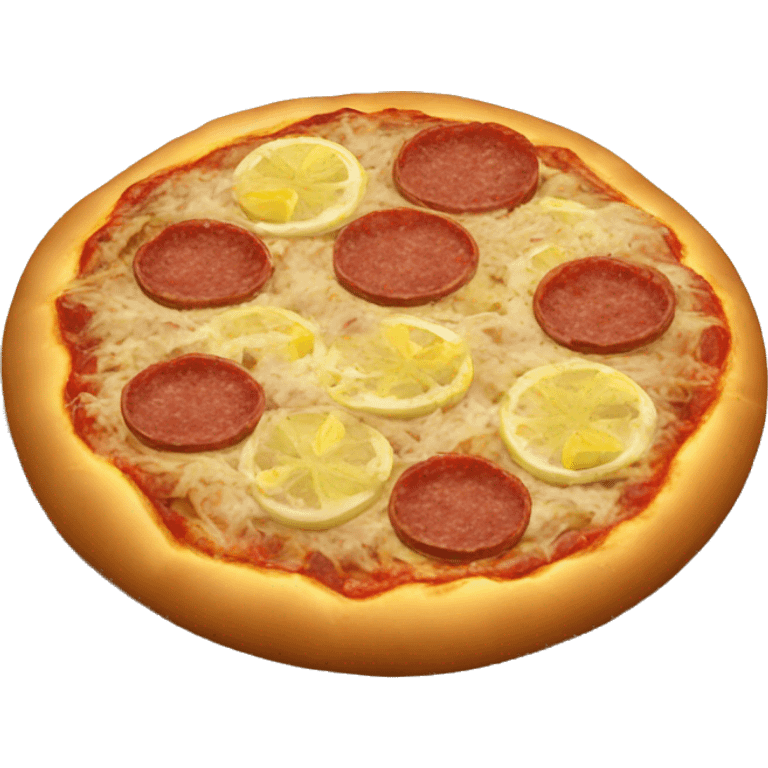 small round pizza bread with minced meat on top and a slice of lemon emoji