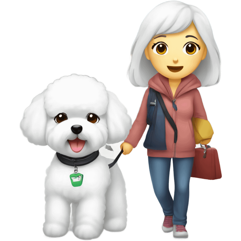 A cute korean style bichon frise with a Asian woman at the airport  emoji