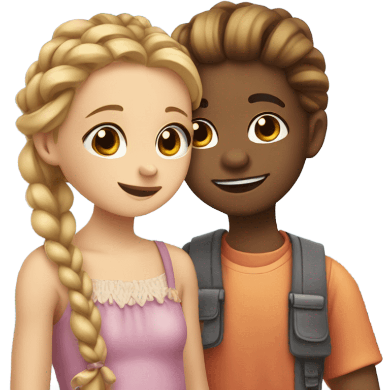 A blushing boy giving a girl in braids a candy emoji