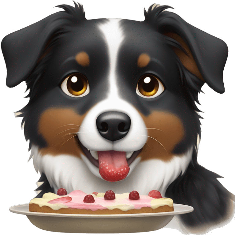 Small black australian shepherd dog eating dessert  emoji