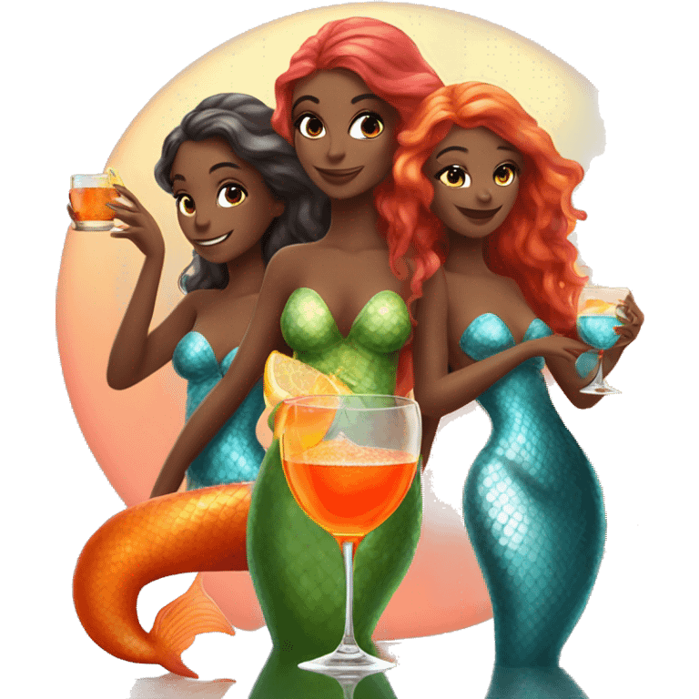 Three beautiful mermaids bright drinking aperol emoji