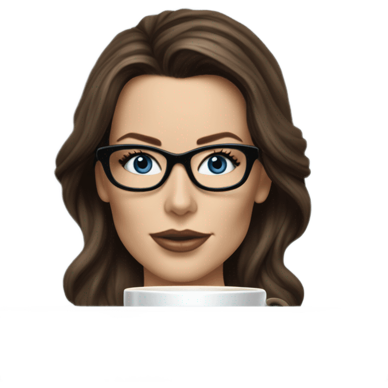 Hyper Realistic Kate Beckinsale dark blue eyes wearing glasses drinking coffee at a laptop  emoji