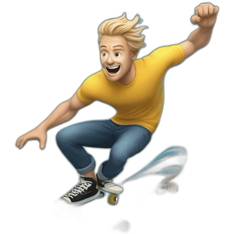 hyper real white dude surfing massive blue ocean wave on a skate board emoji