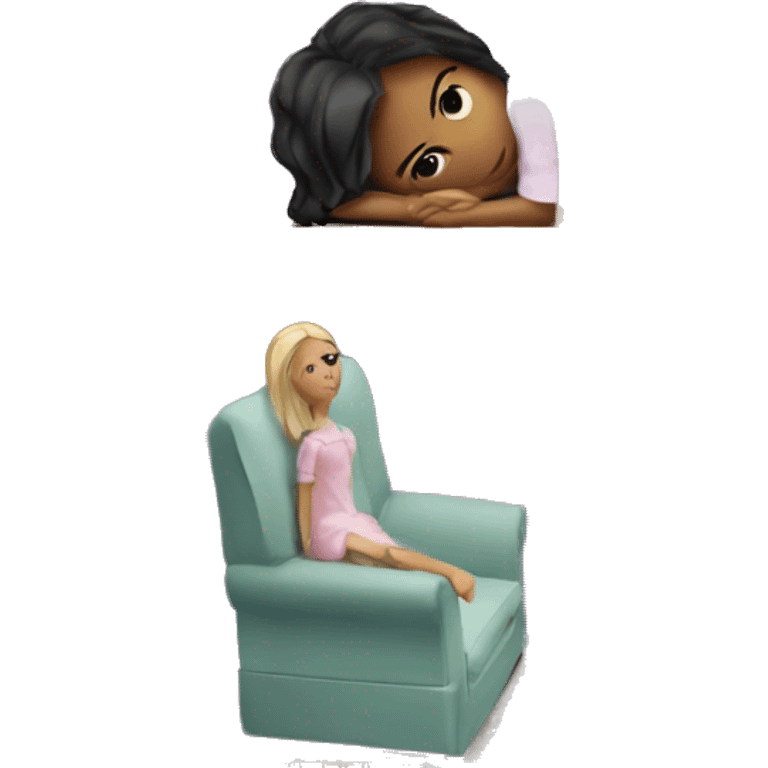 A broken-down dollhouse with a doll sitting inside,  emoji