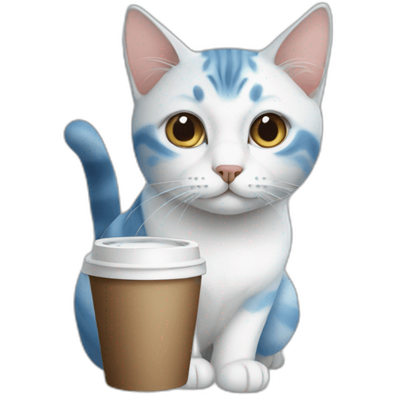 White blue-point cat with coffee emoji