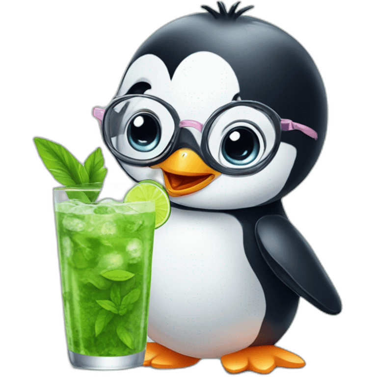 baby penguin with big glasses drinking mojito emoji