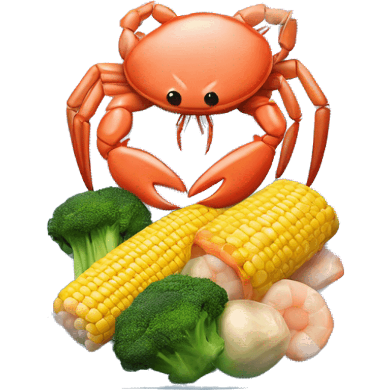 3D emoji-style illustration of a seafood boil wrapped in a clear plastic bag, featuring crab legs, corn on the cob, broccoli, potato, and shrimp. emoji