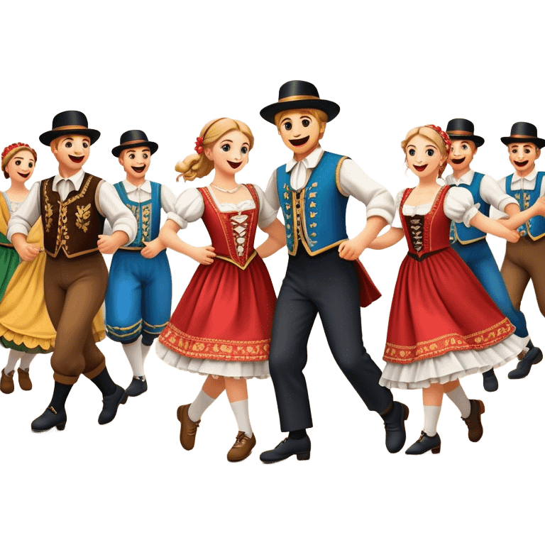 Cinematic Realistic Schuhplattler Dance Emoji, depicted as a lively traditional folk dance scene with performers in authentic Bavarian costumes, rendered with dynamic textures and festive natural lighting that captures the spirit of rural celebration. emoji