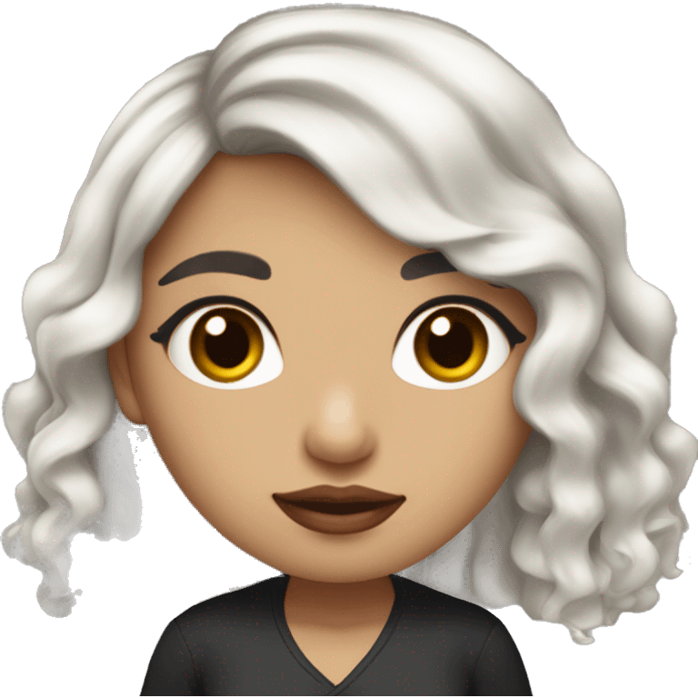 Girl with black curly hair with ice blonde balage with brown eyes and red lips with plack top and round cheeks but a bit of a slender face emoji