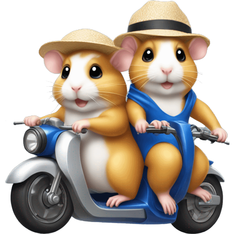 Two hamsters in swimwear and sun hat driving motorbike emoji