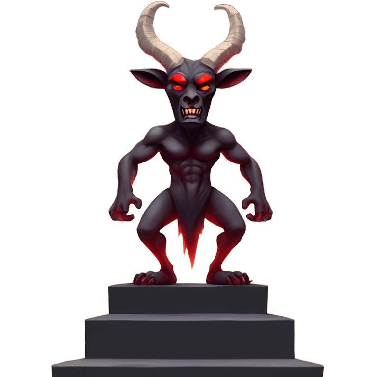 Evil Goatman male Devil sinister with red tipped horns standing with goat hind legs on pyramidal pillar  aura of darkness he is commanding sinister evil power emoji