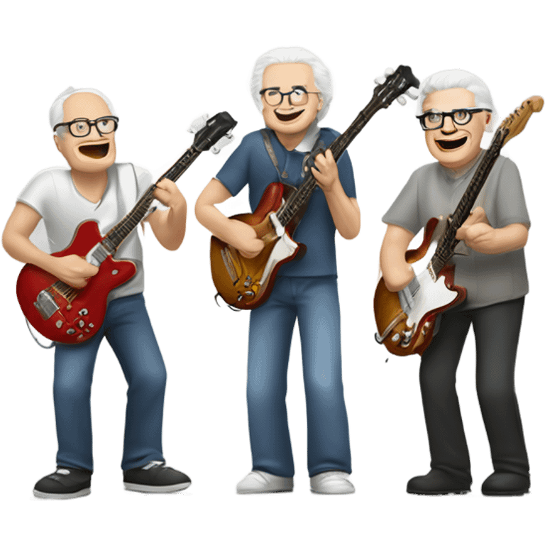 Three white senior musicians jamming one on guitar one on bass and one on cowbell emoji