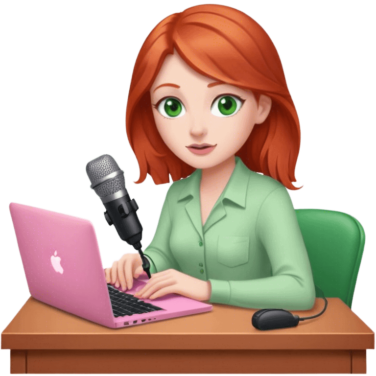 Redhead with green eyes sat at desk with pink MacBook and  podcast microphone  emoji