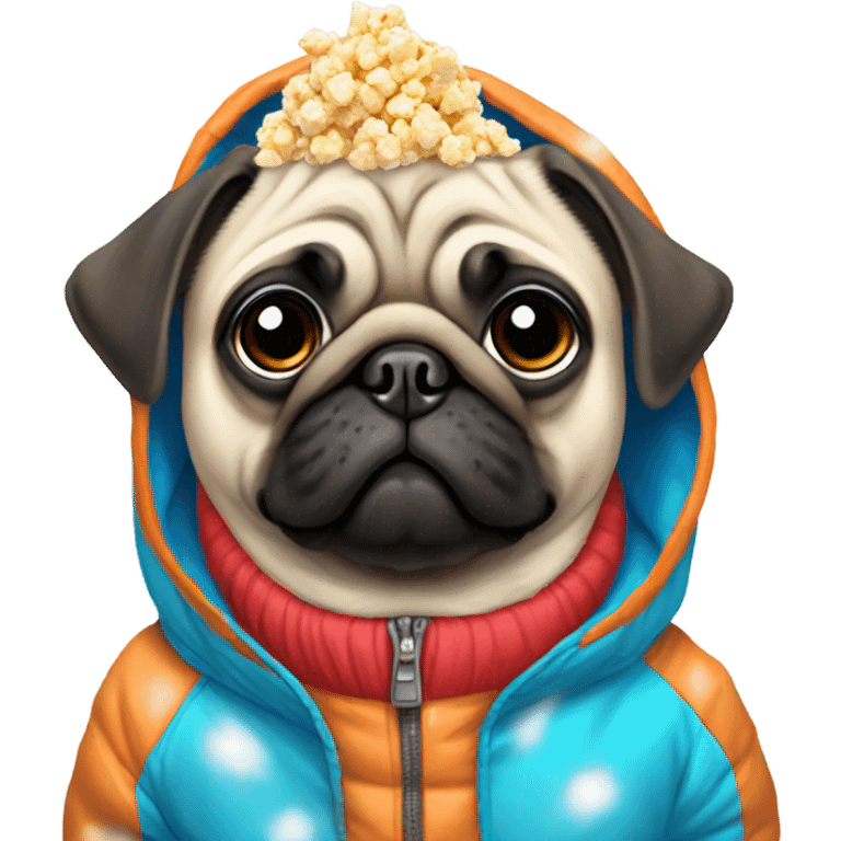 Pug wearing a snowsuit eating popcorn  emoji