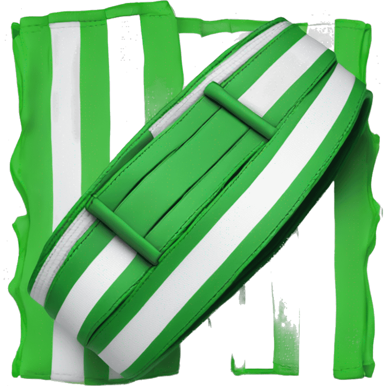 bjj belt green and white belt(white stripe horizontally through middle) with black tip with 2 white stripes  vertically through it emoji