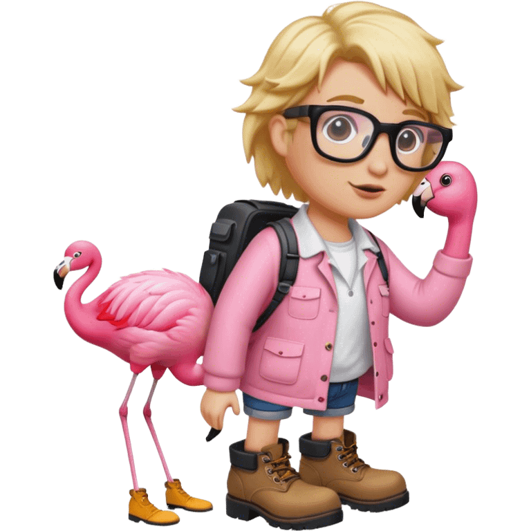 Flamingo with work boots and bushy blond hair and eye glasses emoji