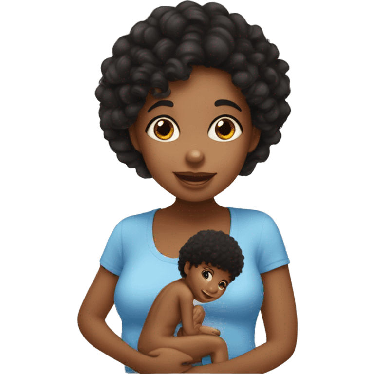 Make a toddler boy with tan skin and curly black hair kissing his mom who has aubirnt hair and blue eyes.  emoji