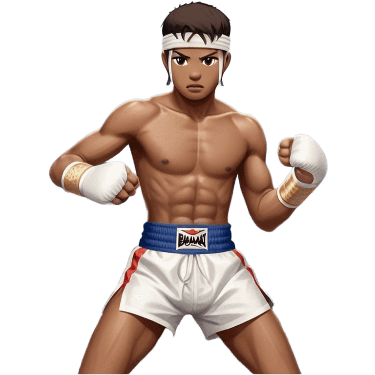 ​Cinematic Realistic Traditional Muay Thai Fighter such as Buakaw Banchamek, depicted in authentic attire featuring white bandaged gloves wrapped around his fists, a traditional headband tied neatly, and classic Muay Thai shorts, captured in a dynamic fighting stance under dramatic, high-energy lighting that highlights the raw power and elegance of the art, emoji