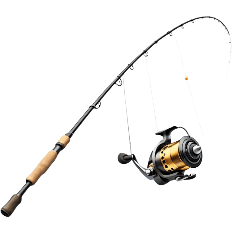 Cinematic Realistic Fishing Rod, sleek graphite rod with a smooth, polished reel, thin line disappearing into a shimmering lake, warm golden sunlight reflecting off the water, glowing with a tranquil and adventurous aura. emoji