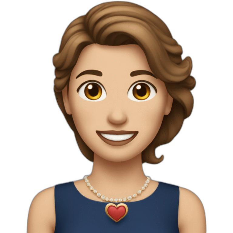 A white woman with brown hair, ыshows a heart by hands and smiles, wearing a dark blue dress, and long earrings emoji