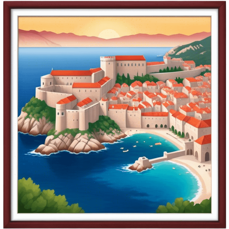 Cinematic Realistic Dubrovnik Landmark Emoji, depicted with historic fortified walls and red‚Äêtiled roofs rendered with intricate detail and dynamic, coastal lighting. emoji