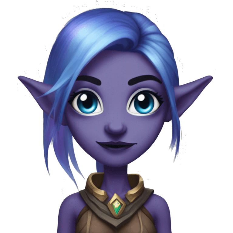 night elf female whom world of warcraft with white sclera eyes, purple skin, blue hair, long eyebrows and ears, blue eyemask emoji