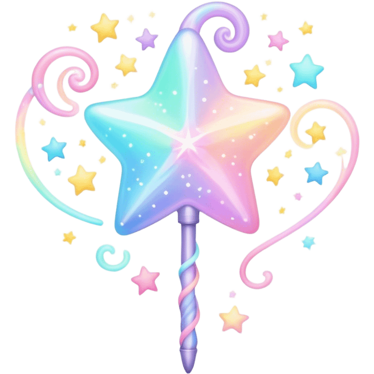 Cinematic cute magical wand, pastel swirls of color, tiny twinkling stars floating around, glowing softly, chubby rounded edges, whimsical and dreamy. emoji