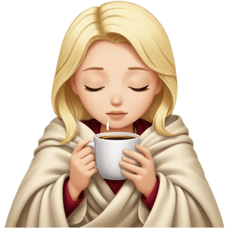 blonde girl inside a blanket sipping coffee eyes closed emoji