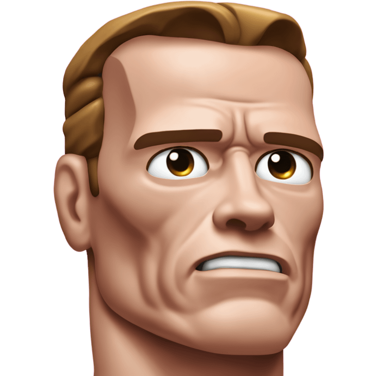 Upper body of a Terminator resembling Schwarzenegger, dressed entirely in pink, with a more human appearance and minimal robotic details. Ensure visible, realistic tears rolling down his cheeks, emphasizing the crying emotion. emoji