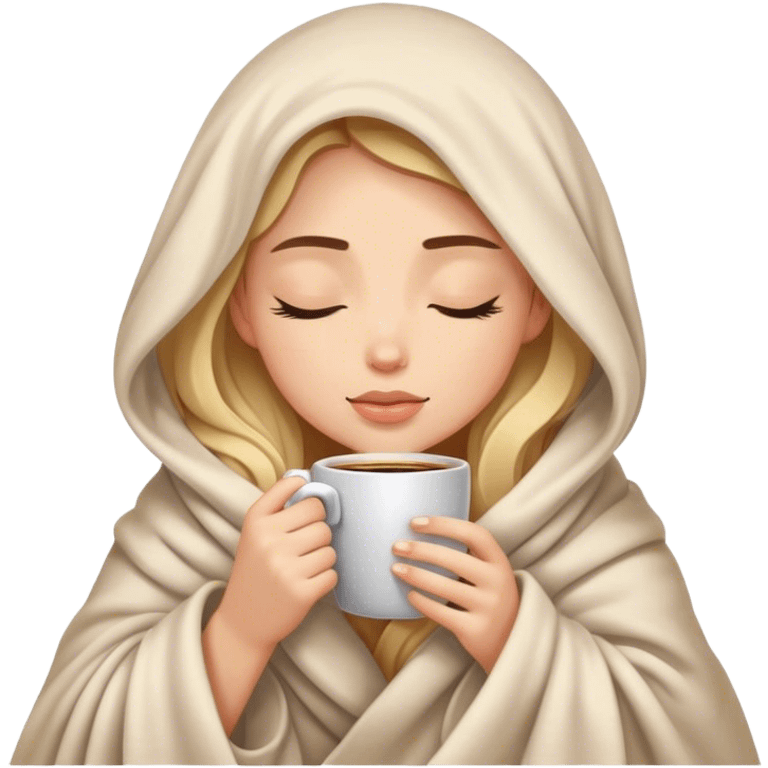 girl inside a blanket sipping coffee eyes closed emoji