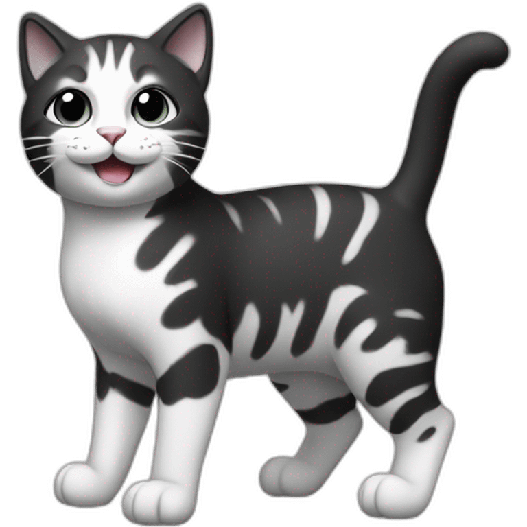 Cat in black and white, smiling with raised front leg emoji