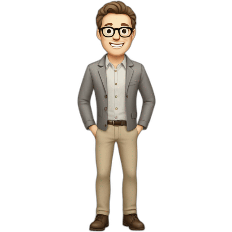 Joyful Pale skinned Fit Man With dark brown hair in gray jacket, beige office shirt, Brown pants and vintage glasses. His thrumbs up emoji