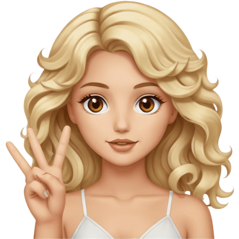 Luxury blonde model, brown eyes, wavy hair, peace sign emoji